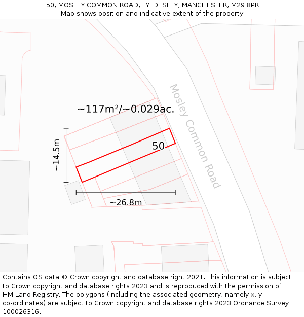 50, MOSLEY COMMON ROAD, TYLDESLEY, MANCHESTER, M29 8PR: Plot and title map
