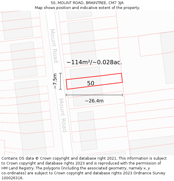 50, MOUNT ROAD, BRAINTREE, CM7 3JA: Plot and title map