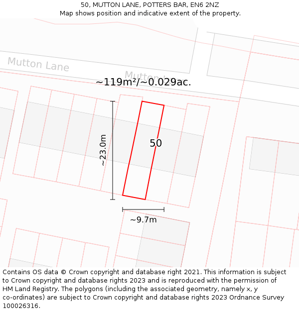 50, MUTTON LANE, POTTERS BAR, EN6 2NZ: Plot and title map