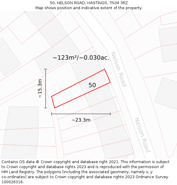 50, NELSON ROAD, HASTINGS, TN34 3RZ: Plot and title map