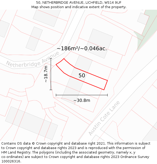 50, NETHERBRIDGE AVENUE, LICHFIELD, WS14 9UF: Plot and title map