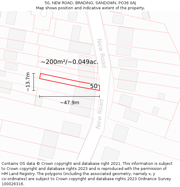 50, NEW ROAD, BRADING, SANDOWN, PO36 0AJ: Plot and title map