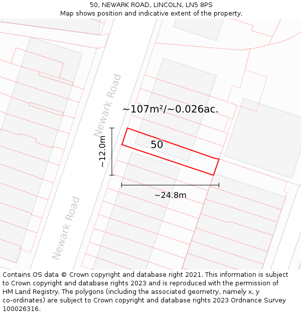 50, NEWARK ROAD, LINCOLN, LN5 8PS: Plot and title map