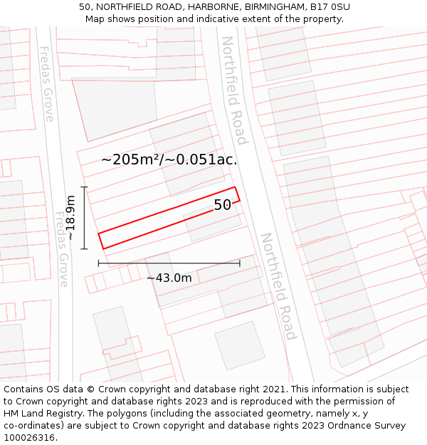 50, NORTHFIELD ROAD, HARBORNE, BIRMINGHAM, B17 0SU: Plot and title map