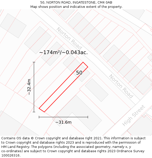 50, NORTON ROAD, INGATESTONE, CM4 0AB: Plot and title map