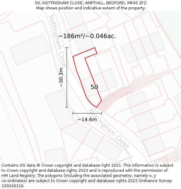 50, NOTTINGHAM CLOSE, AMPTHILL, BEDFORD, MK45 2FZ: Plot and title map