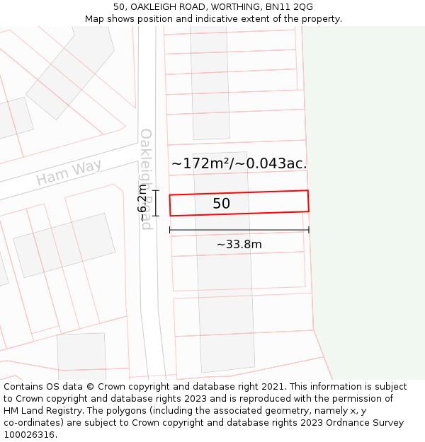 50, OAKLEIGH ROAD, WORTHING, BN11 2QG: Plot and title map