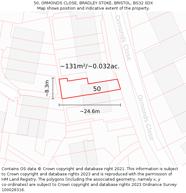 50, ORMONDS CLOSE, BRADLEY STOKE, BRISTOL, BS32 0DX: Plot and title map