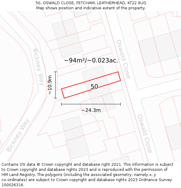 50, OSWALD CLOSE, FETCHAM, LEATHERHEAD, KT22 9UG: Plot and title map