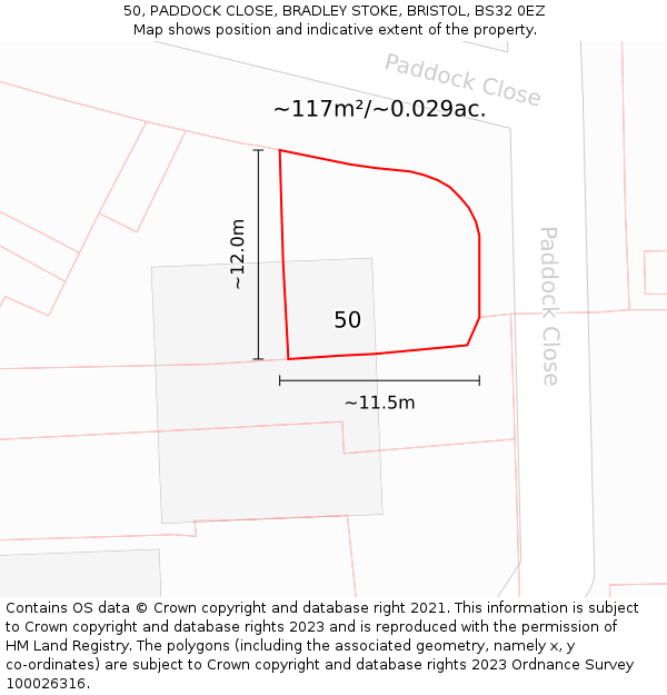 50, PADDOCK CLOSE, BRADLEY STOKE, BRISTOL, BS32 0EZ: Plot and title map