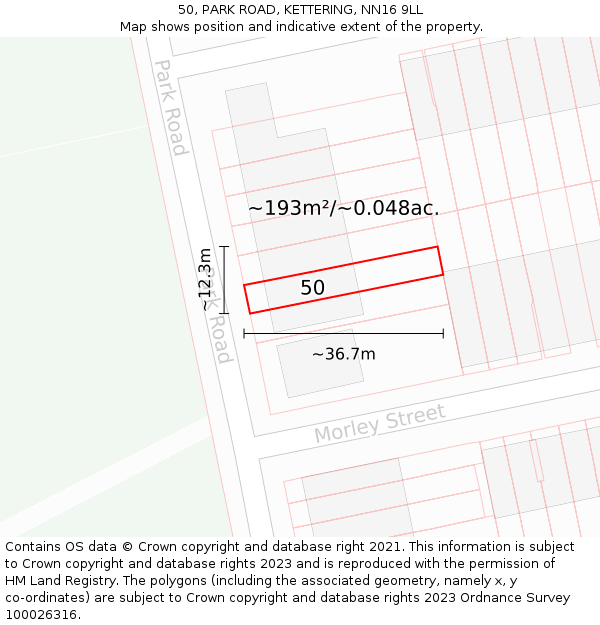 50, PARK ROAD, KETTERING, NN16 9LL: Plot and title map