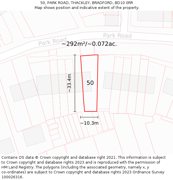 50, PARK ROAD, THACKLEY, BRADFORD, BD10 0RR: Plot and title map