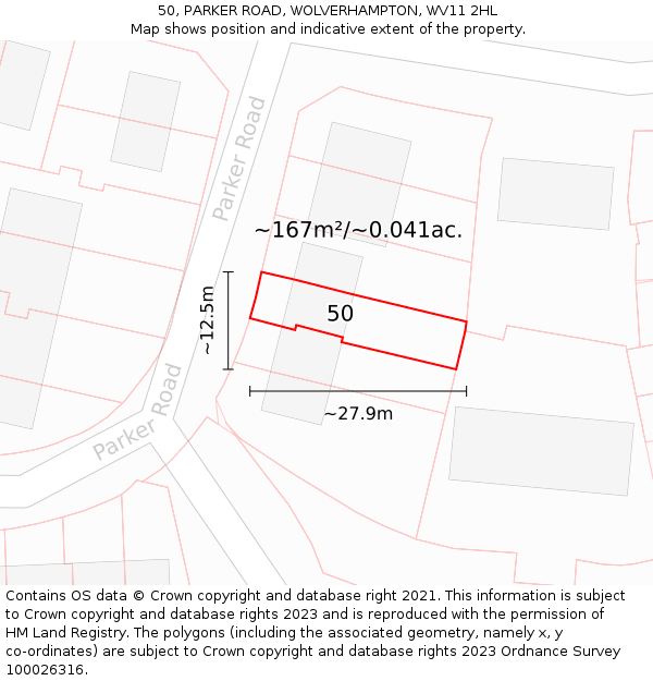 50, PARKER ROAD, WOLVERHAMPTON, WV11 2HL: Plot and title map