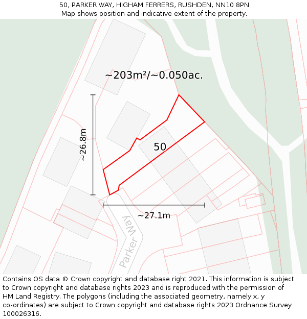 50, PARKER WAY, HIGHAM FERRERS, RUSHDEN, NN10 8PN: Plot and title map