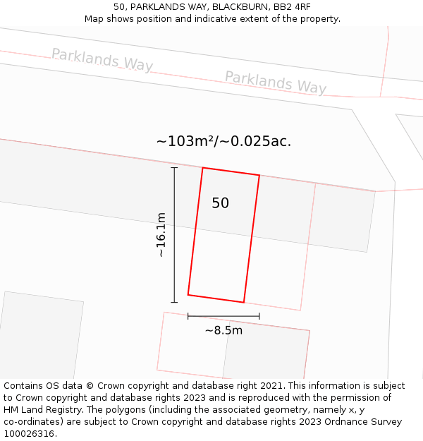 50, PARKLANDS WAY, BLACKBURN, BB2 4RF: Plot and title map