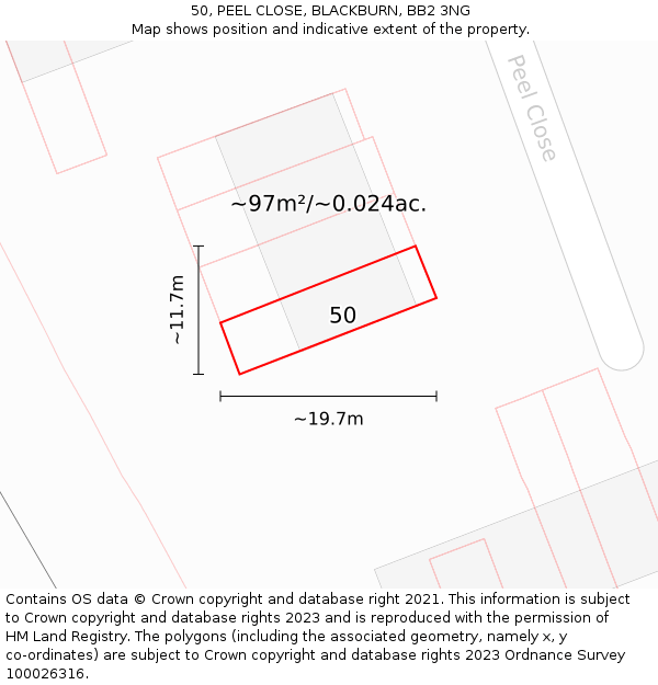 50, PEEL CLOSE, BLACKBURN, BB2 3NG: Plot and title map