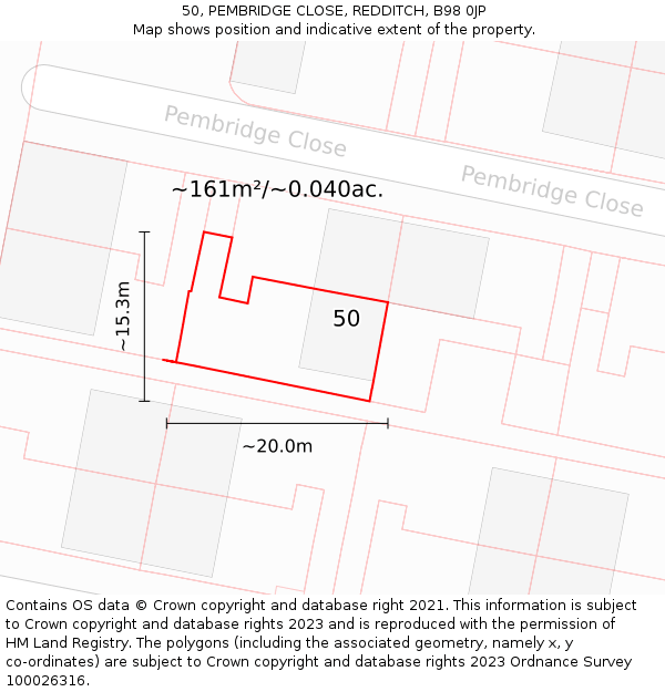 50, PEMBRIDGE CLOSE, REDDITCH, B98 0JP: Plot and title map