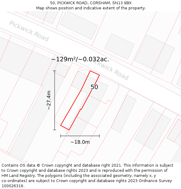 50, PICKWICK ROAD, CORSHAM, SN13 9BX: Plot and title map