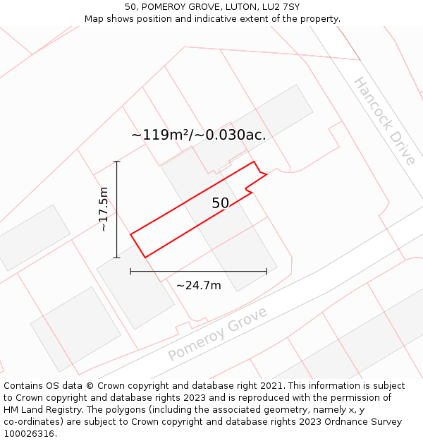 50, POMEROY GROVE, LUTON, LU2 7SY: Plot and title map