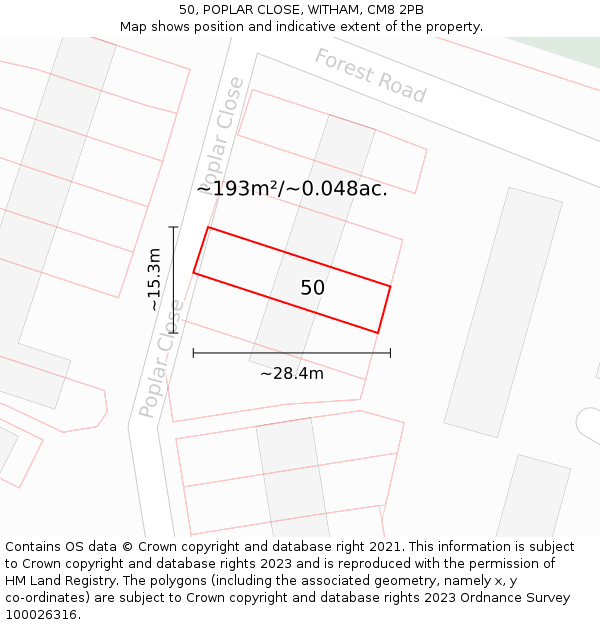 50, POPLAR CLOSE, WITHAM, CM8 2PB: Plot and title map