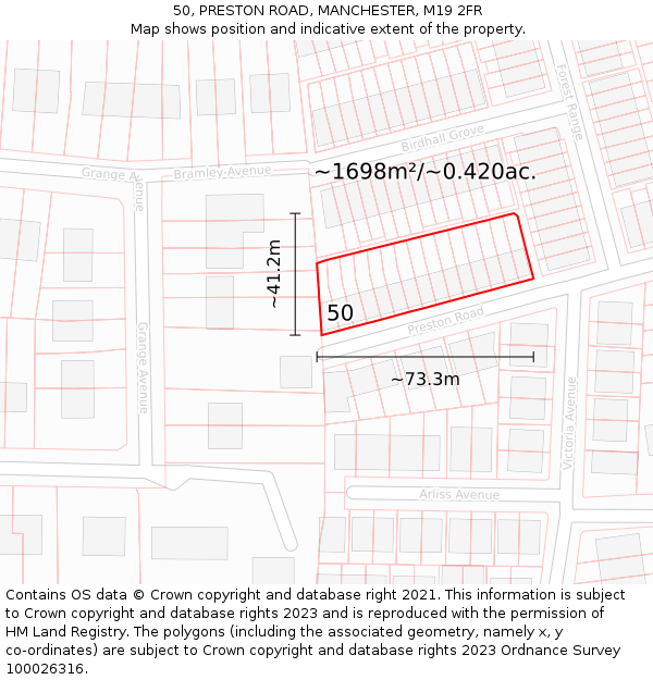 50, PRESTON ROAD, MANCHESTER, M19 2FR: Plot and title map