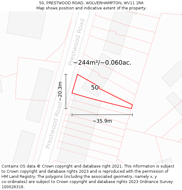 50, PRESTWOOD ROAD, WOLVERHAMPTON, WV11 1RA: Plot and title map