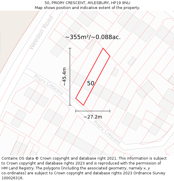 50, PRIORY CRESCENT, AYLESBURY, HP19 9NU: Plot and title map