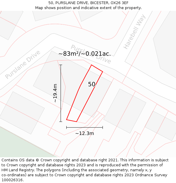 50, PURSLANE DRIVE, BICESTER, OX26 3EF: Plot and title map