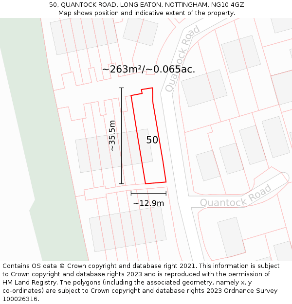 50, QUANTOCK ROAD, LONG EATON, NOTTINGHAM, NG10 4GZ: Plot and title map