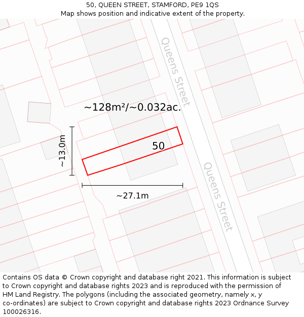 50, QUEEN STREET, STAMFORD, PE9 1QS: Plot and title map