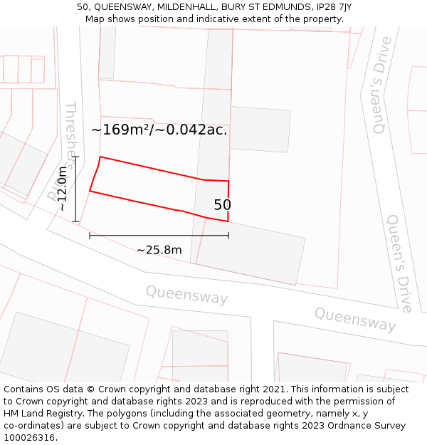 50, QUEENSWAY, MILDENHALL, BURY ST EDMUNDS, IP28 7JY: Plot and title map
