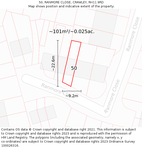 50, RANMORE CLOSE, CRAWLEY, RH11 9RD: Plot and title map