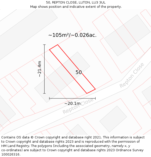 50, REPTON CLOSE, LUTON, LU3 3UL: Plot and title map
