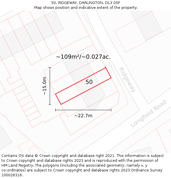 50, RIDGEWAY, DARLINGTON, DL3 0SF: Plot and title map