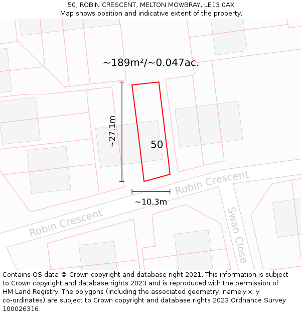 50, ROBIN CRESCENT, MELTON MOWBRAY, LE13 0AX: Plot and title map
