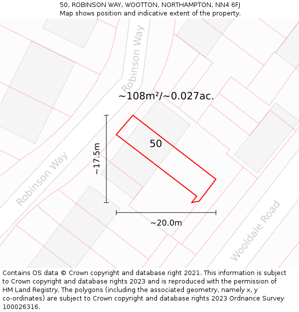 50, ROBINSON WAY, WOOTTON, NORTHAMPTON, NN4 6FJ: Plot and title map