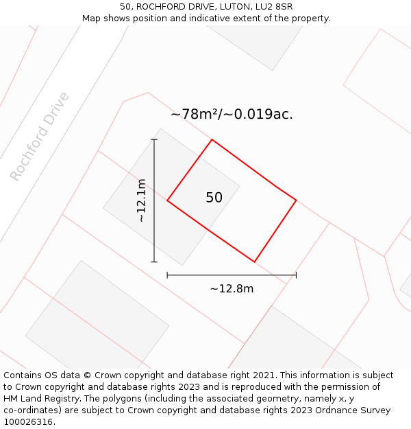 50, ROCHFORD DRIVE, LUTON, LU2 8SR: Plot and title map
