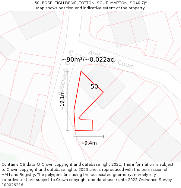 50, ROSELEIGH DRIVE, TOTTON, SOUTHAMPTON, SO40 7JY: Plot and title map