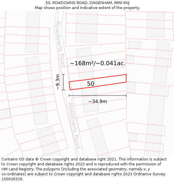 50, ROWDOWNS ROAD, DAGENHAM, RM9 6NJ: Plot and title map