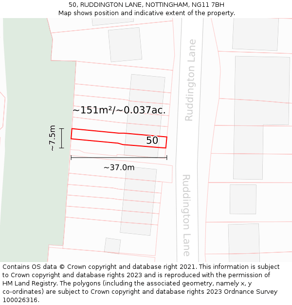 50, RUDDINGTON LANE, NOTTINGHAM, NG11 7BH: Plot and title map