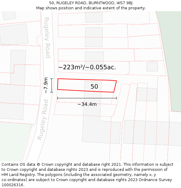 50, RUGELEY ROAD, BURNTWOOD, WS7 9BJ: Plot and title map