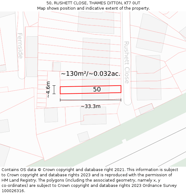 50, RUSHETT CLOSE, THAMES DITTON, KT7 0UT: Plot and title map