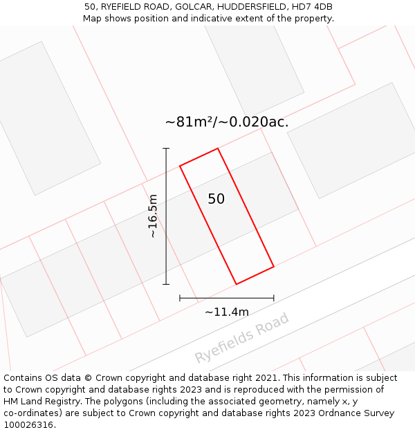 50, RYEFIELD ROAD, GOLCAR, HUDDERSFIELD, HD7 4DB: Plot and title map