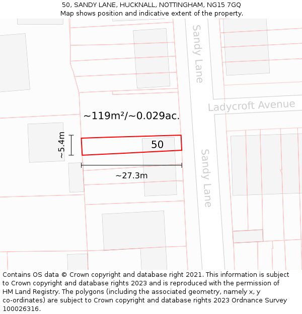 50, SANDY LANE, HUCKNALL, NOTTINGHAM, NG15 7GQ: Plot and title map