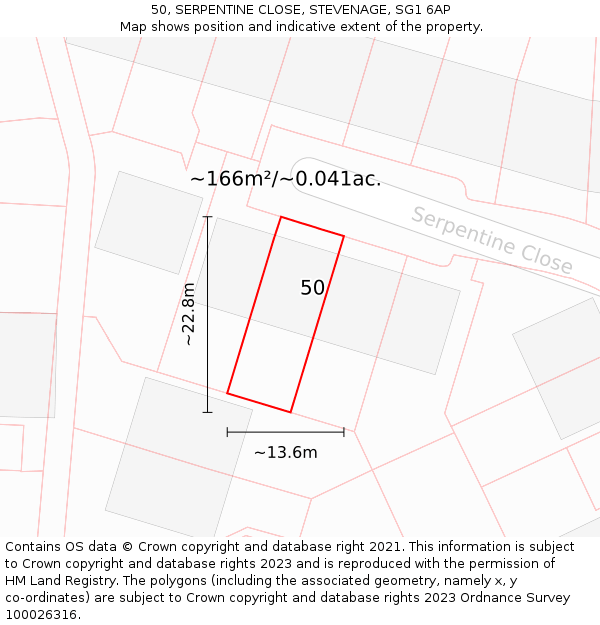 50, SERPENTINE CLOSE, STEVENAGE, SG1 6AP: Plot and title map