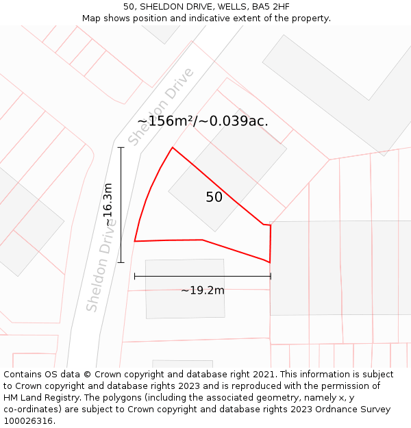 50, SHELDON DRIVE, WELLS, BA5 2HF: Plot and title map