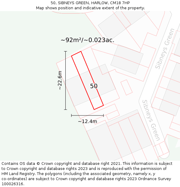 50, SIBNEYS GREEN, HARLOW, CM18 7HP: Plot and title map