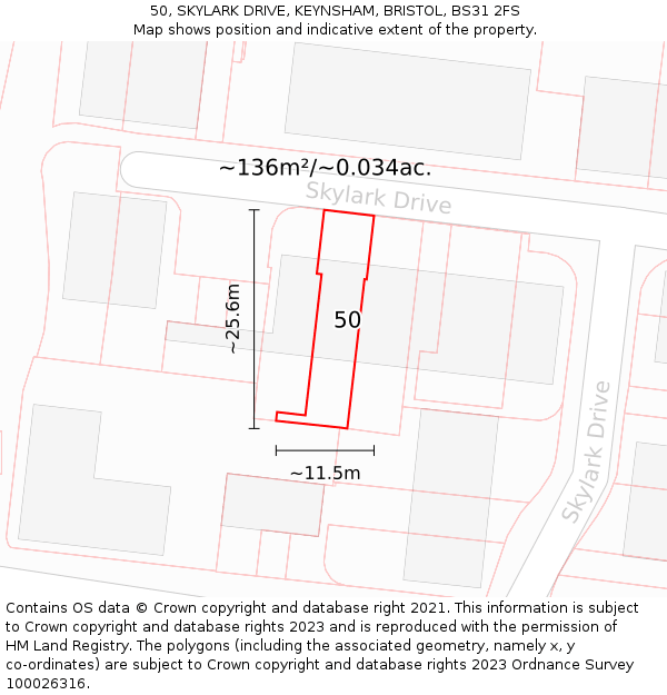 50, SKYLARK DRIVE, KEYNSHAM, BRISTOL, BS31 2FS: Plot and title map