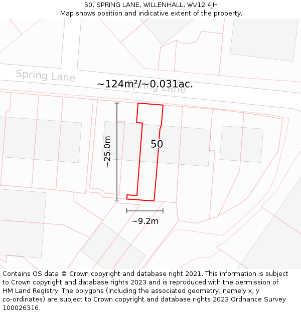 50, SPRING LANE, WILLENHALL, WV12 4JH: Plot and title map