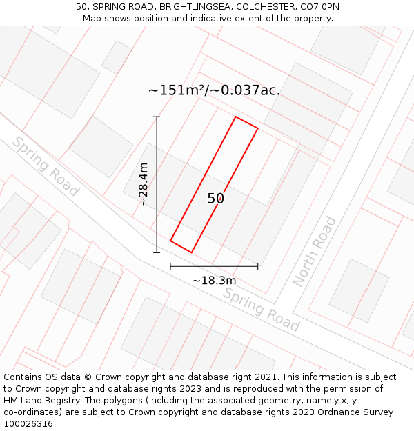 50, SPRING ROAD, BRIGHTLINGSEA, COLCHESTER, CO7 0PN: Plot and title map
